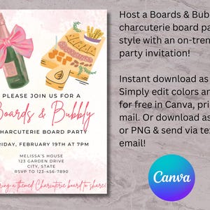 May include: A pink and white invitation for a "Boards & Bubbly" charcuterie board party. The invitation features a hand-drawn illustration of a charcuterie board with various food items and a bottle of champagne with a pink bow. The text on the invitation includes the date, time, and location of the party, as well as a request to bring a themed charcuterie board to share.