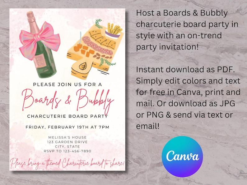 May include: A pink and white invitation for a "Boards & Bubbly" charcuterie board party. The invitation features a hand-drawn illustration of a charcuterie board with various food items and a bottle of champagne with a pink bow. The text on the invitation includes the date, time, and location of the party, as well as a request to bring a themed charcuterie board to share.