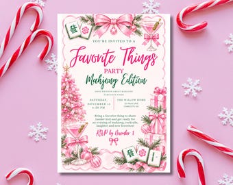 Peut inclure: Une carte d'invitation rectangulaire ornée de décorations de Noël roses, de tuiles de mah-jong et de cocktails. Le texte indique : You're invited to a Favorite Things Party Mahjong Edition, Saturday November 12, 6:30 PM, The Willow Home, 123 Palm Lane, Charlotte, NC.