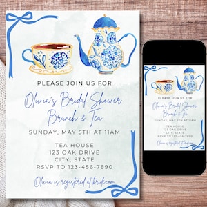 Chinoiserie bridal shower invite, chinoiserie invite, toile de juoy, chinoiserie wedding, something blue, instant download editable invite