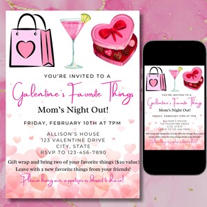 Galentine&#39;s favoriete dingen uitnodigen, Valentijnsdag favoriete dingen, moeders avondje uit, meidenavond, roze martini, instant download, bewerkbare uitnodiging