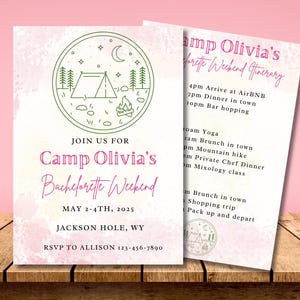 Camp bachelorette, camp bachelorette invite, camp hen party, camp bachelorette weekend invite itinerary, instant download, editable invite