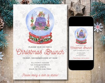 Könnte beinhalten: Eine Einladung zum Weihnachtsbrunch mit einem Schneekugel-Design, das ein lila Auto mit Geschenken zeigt. Die Einladung enthält den Text "Christmas Brunch" und Veranstaltungsdetails. Ein Smartphone zeigt die gleiche Einladung an.