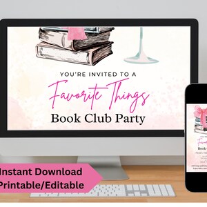 Pu&ograve; includere: Invito stampabile per una festa del club del libro "Cose preferite". L'invito presenta una pila di libri con un nastro rosa, un bicchiere di vino e uno sfondo ad acquerello.