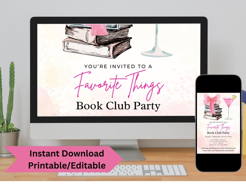 Pu&ograve; includere: Invito stampabile per una festa del club del libro "Cose preferite". L'invito presenta una pila di libri con un nastro rosa, un bicchiere di vino e uno sfondo ad acquerello.