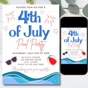 July 4th pool party invite, Independence day party invite, swim party, July 4 printable invite, instant download, editable digital invite