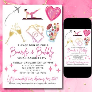 Boards and bubbly invite, Vision Board party invitation, manifestation party invite, girls night party, instant download, editable invite. champagne