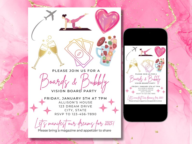 Boards and bubbly invite, Vision Board party invitation, manifestation party invite, girls night party, instant download, editable invite. champagne