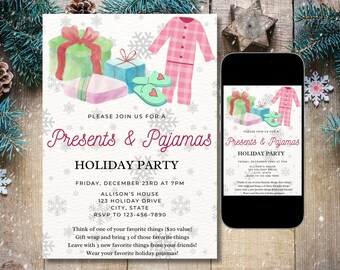 May include: A white invitation with a watercolor illustration of presents, pajamas, and snowflakes. The text reads "Please join us for a Presents & Pajamas Holiday Party" with the date, time, and location. The invitation also includes the text "Think of one of your favorite things ($20 value) Gift wrap and bring 3 of those favorite things Leave with 3 new favorite things from your friends! Wear your favorite holiday pajamas!"