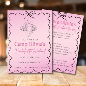 Camp bachelorette, camp bachelorette invite, camp hen party, camp bachelorette invite itinerary, pink bow, instant download, editable invite