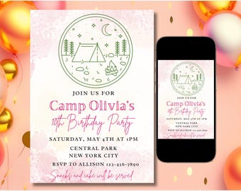 Camp birthday invite, camp birthday party invitation, park birthday invite, summer camp birthday, instant download, editable invite