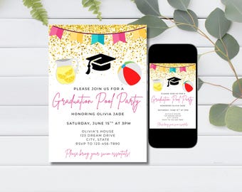 Graduation pool party invite, grad party, swim party, college high school middle school graduation, instant download, editable invite