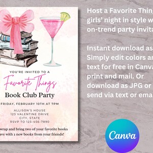 Pu&ograve; includere: Un invito ad acquerello rosa e bianco per una festa di club del libro. L'invito presenta una pila di libri, un fiocco rosa e un bicchiere di martini rosa. Il testo sull'invito recita "Sei invitato a una festa di club del libro Favorite Things".