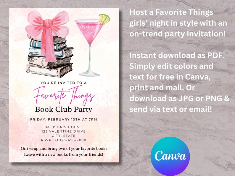 Pu&ograve; includere: Un invito ad acquerello rosa e bianco per una festa di club del libro. L'invito presenta una pila di libri, un fiocco rosa e un bicchiere di martini rosa. Il testo sull'invito recita "Sei invitato a una festa di club del libro Favorite Things".