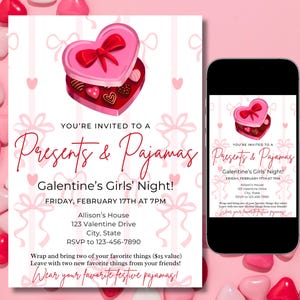 Presents and Pajamas invitation, Favorite Things invitation, Galentines Valentines party, girls night, instant download, editable invite