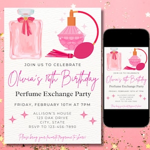 Parfüm Austausch-Geburtstags-Party einladen, Parfüm Party einladen, Parfüm Geburtstag einladen, rosa Schleife, Kokette, sofort download, bearbeitbare Einladung