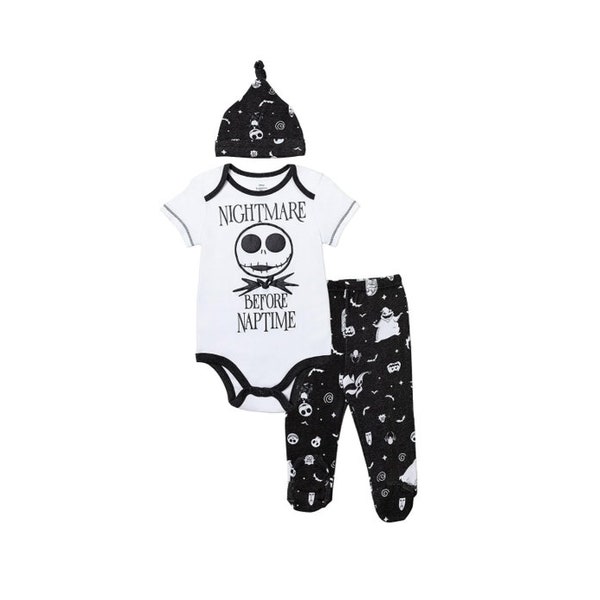 Disney Nightmare Before Christmas Baby Bodysuit Pants and Hat: 3 Piece Outfit Set (Newborn to Infant)