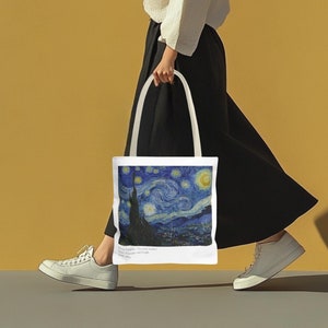Sac fourre-tout nuit étoilée, oeuvre d'art inspirée de Van Gogh, sac fourre-tout artistique, style français, oeuvre d'art à emporter, oeuvre d'art à emporter, tendance, minimaliste, luxe, rentrée des classes