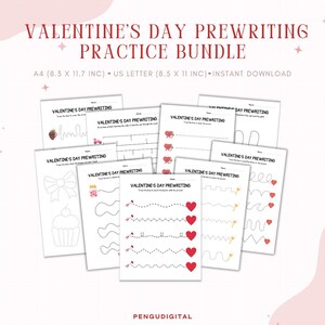 Paquete preescolar de San Valentín, hojas de trabajo preescolares, material imprimible de preescritura, jardín de infantes, educación en el hogar, habilidades motoras, día de San Valentín