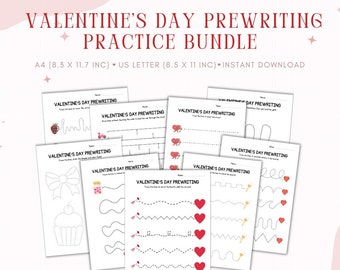 Valentine's Day Preschool Bundle, Preschool Worksheets, Prewriting Printable, Kindergarten, Homeschool, Motor Skills, Valentine's Day