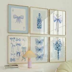 Trendy Blue Bows Champagne Wall Art Set of 6, Coquette room decor, Preppy Poster, Apartment Decor, Blue Ace Card, Watercolor Bows Wall Art