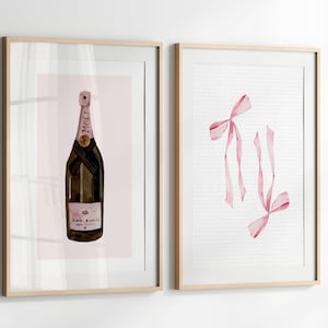 Trendy Pink Bows Champagne Wall Art Set of 2, Coquette Room Decor, Preppy poster printable, College Apartment, Watercolor Bows Print