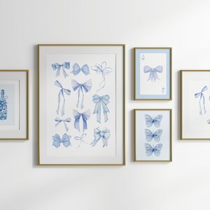 Trendy Blue Bows Champagne Wall Art Set of 5, Coquette room decor, Preppy poster, College Apartment Decor, Printable, Watercolor Bows Print