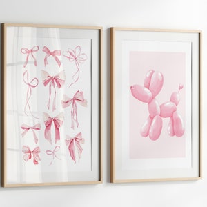 Trendy Pink Bows Wall Art Set of 2, Coquette Room Decor, Preppy Pink Poster, College Apartment, Watercolor Bows Print, Balloon Dog Wall Art
