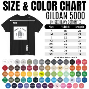May include: Size and color chart for Gildan 5000 unisex heavy cotton t-shirts. The chart shows sizes from S to 5XL with corresponding width and length measurements in inches. The chart also includes a color palette with various shades of red, green, blue, and other colors.