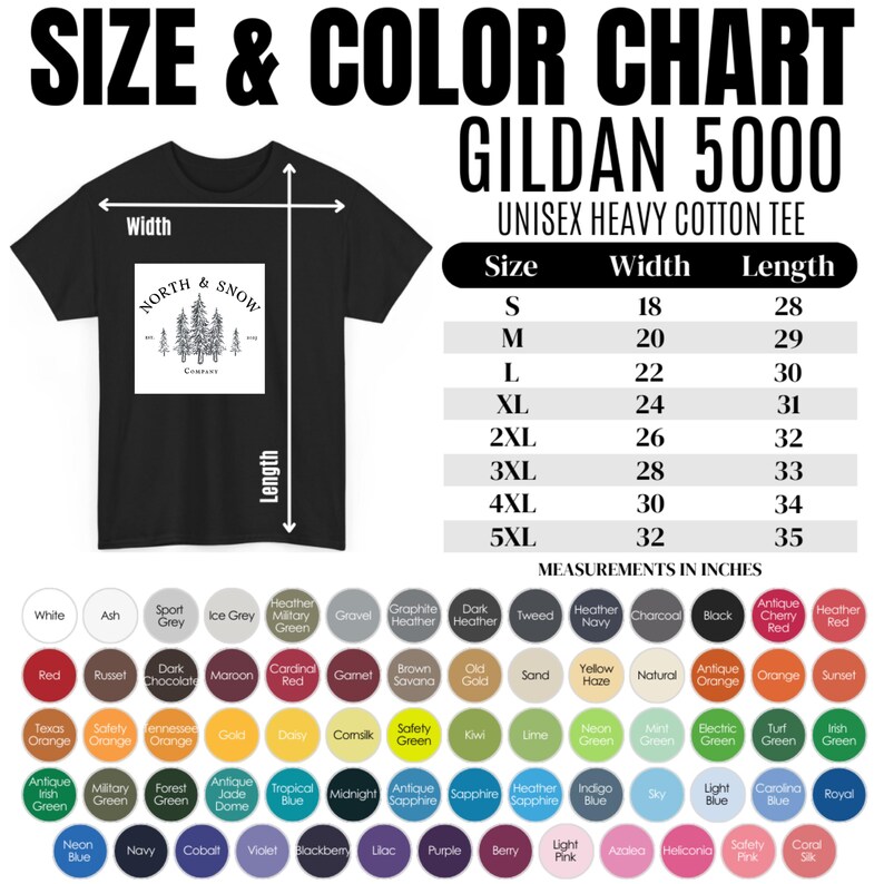 May include: Size and color chart for Gildan 5000 unisex heavy cotton t-shirts. The chart shows sizes from S to 5XL with corresponding width and length measurements in inches. The chart also includes a color palette with various shades of red, green, blue, and other colors.