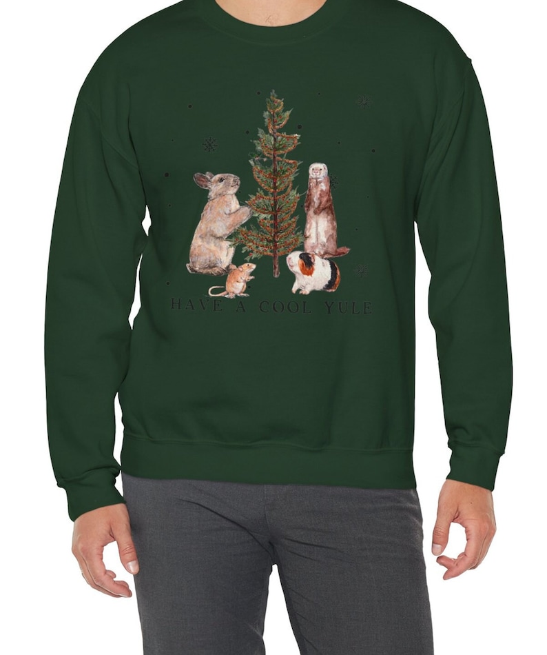 May include: A dark green sweatshirt with a Christmas tree and four animals decorating it. The text "HAVE A COOL YULE" is printed below the tree.