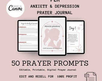 Puede incluir: Un diario de oración digital imprimible rosa y blanco con el texto "PLR ANXIETY & DEPRESSION PRAYER JOURNAL" y "50 PRAYER PROMPTS Editable, Printable, Digital Prayer Journal EDIT AND RESELL FOR 100% PROFIT". El diario presenta una silueta de una mujer orando y un diseño de estrella.