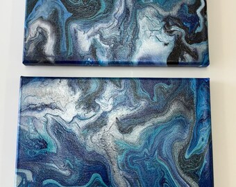 2 - 10 X 10 Canvas Set | Shades Of Blue, Black, White, Metallic Silver | Fluid Art | One-Of-A-Kind | Rare Find Home Office Decor
