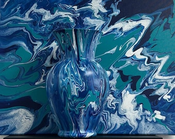 Large Painted Glass Vase | Blue, Teal, White | 16x20 Matching Canvas | Fluid Art | One-Of-A-Kind | Rare Find | Home Office Decor