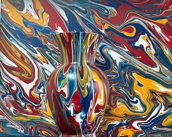 Large Painted Glass Vase | Yellow, Red, White, Blues | 16x20 Matching Canvas | Fluid Art | One-Of-A-Kind | Rare Find | Home Office Decor