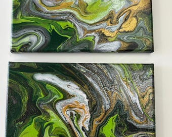 2 - 10 X 10 Canvas Set | Shades Of Green, Black, White, Metallic Gold | Fluid Art | One-Of-A-Kind | Rare Find Home Office Decor
