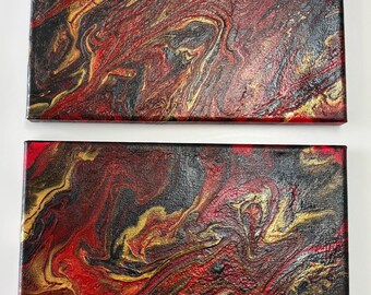 2 - 10 X 10 Canvas Set | Shades Of Red, Black, Metallic Gold | Fluid Art | One-Of-A-Kind | Rare Find Home Office Decor