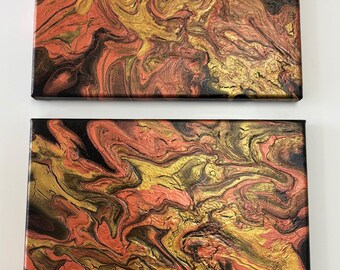 2 - 10 X 10 Canvas Set | Shades Of Black, Metallic Copper, Metallic Gold | Fluid Art | One-Of-A-Kind | Rare Find Home Office Decor