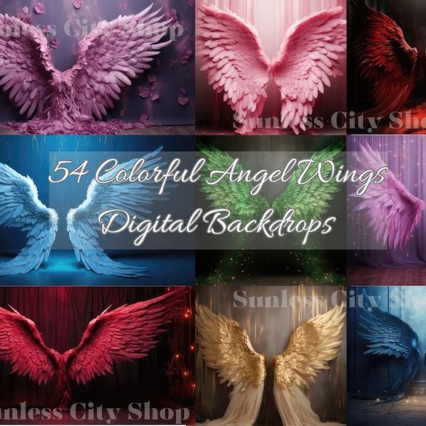 54 Colorful Angel Wings Digital Backdrops, Angel wings, Digital art, backdrops, background, maternity, birthday, wedding, love, elegant