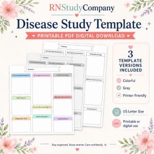 May include: A Disease Study Template digital download from RNStudyCompany featuring three versions of a study sheet with sections for clinical manifestations, nursing interventions, pathophysiology, risk factors, and diagnostic tests in US Letter size.