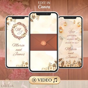 May include: Three smartphones displaying wedding invitation designs. The screens feature floral accents, the names "Maria and James", and the text "Your presence means so much to us!". The top left corner of the image reads "EDIT IN Canva". A video button is at the bottom.