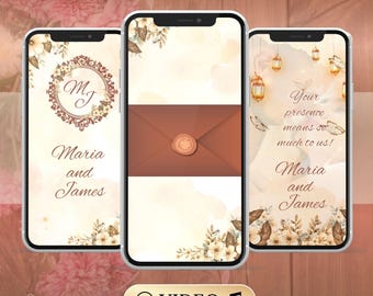 May include: Three smartphones displaying wedding invitation designs. The screens feature floral accents, the names "Maria and James", and the text "Your presence means so much to us!". The top left corner of the image reads "EDIT IN Canva". A video button is at the bottom.