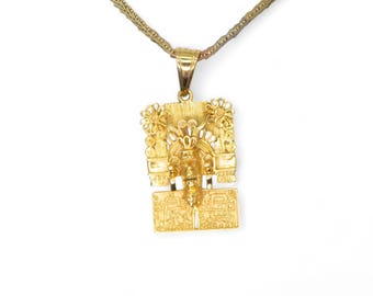14k Yellow Gold Mexico Aztec Sun God Necklace on 3 Toned 14k Chain