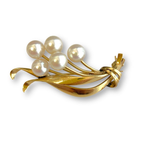 14k Yellow Gold Brooch With Pearls 6.10g - image 1