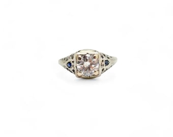 1.05 Ct White Diamond & Sapphire Vintage Ring in 14k White Gold 5us