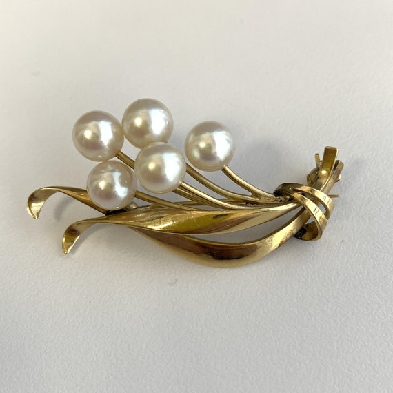 14k Yellow Gold Brooch With Pearls 6.10g - image 4