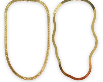 Herringbone Reversible Textured Snake Wave Chain Necklace in 14k Yellow Gold