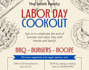 Labor Day Cookout Invitation | Printable BBQ Party Invite | Editable Digital Template