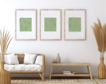 Sage Green Woman Line Wall Art - Digital Download - Minimalist Elegance - Contemporary Female Silhouette Decor - Set of 3