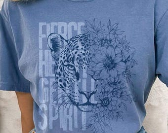 T-shirt léopard, couleurs confortables, chemise à fleurs, bohèmes floraux, t-shirts féministes, t-shirt à manches longues pour femmes, guépard, jaguar